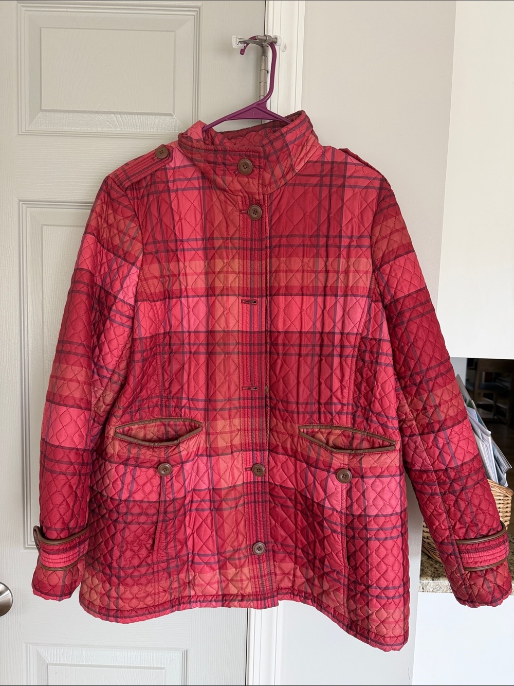 Lands End women's Quilted Red Plaid Women's Jacket- size L
